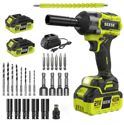 SEESE 3-in-1 Cordless Impact Wrench | 590 FT-LBS Torque | 21V 2×4.0Ah Battery | LED, 9 Sockets, 8 Drills, 6 Bits & Case – Home & Auto Tire Lug Nut Ready