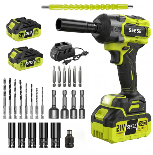 SEESE 3-in-1 Cordless Impact Wrench | 590 FT-LBS Torque | 21V 2×4.0Ah Battery | LED, 9 Sockets, 8 Drills, 6 Bits & Case – Home & Auto Tire Lug Nut Ready