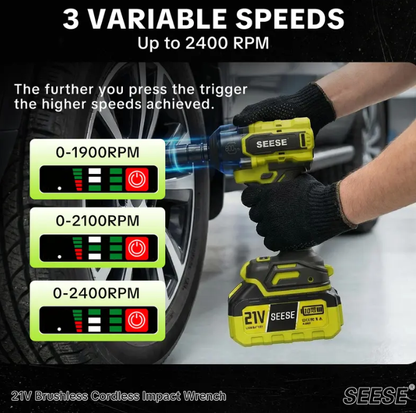 SEESE 3-in-1 Cordless Impact Wrench | 590 FT-LBS Torque | 21V 2×4.0Ah Battery | LED, 9 Sockets, 8 Drills, 6 Bits & Case – Home & Auto Tire Lug Nut Ready