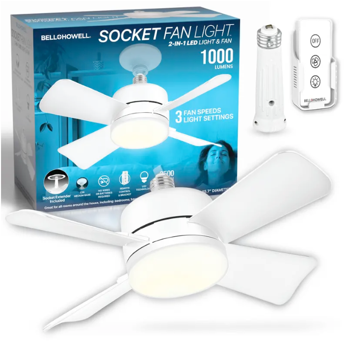 Screw-In Socket Ceiling Fan with Light | Remote Control, 1000 Lumens, 3 Speeds, No Wiring Needed