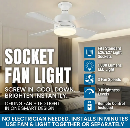 Screw-In Socket Ceiling Fan with Light | Remote Control, 1000 Lumens, 3 Speeds, No Wiring Needed
