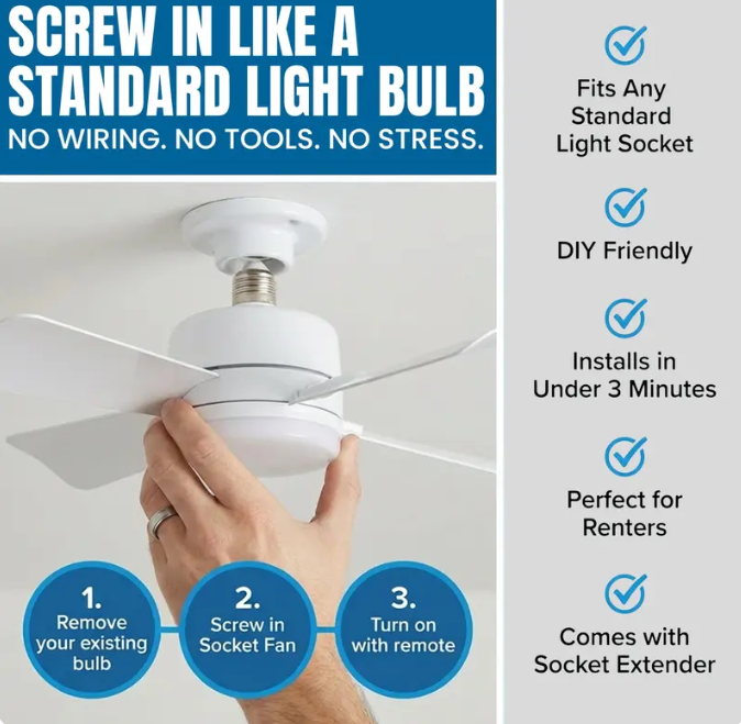 Screw-In Socket Ceiling Fan with Light | Remote Control, 1000 Lumens, 3 Speeds, No Wiring Needed