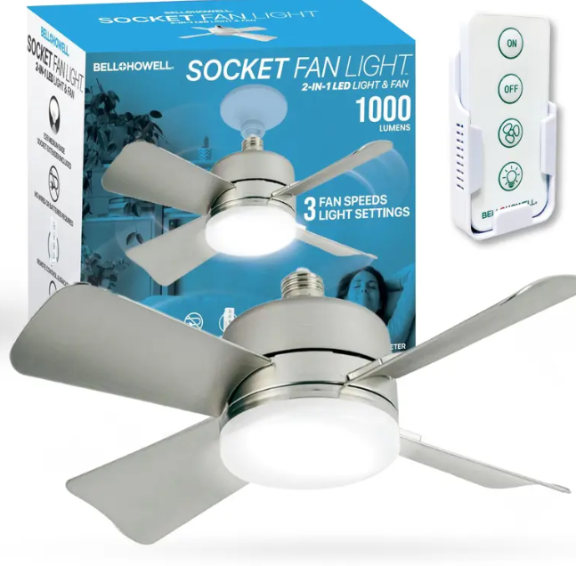 Screw-In Socket Ceiling Fan with Light | Remote Control, 1000 Lumens, 3 Speeds, No Wiring Needed
