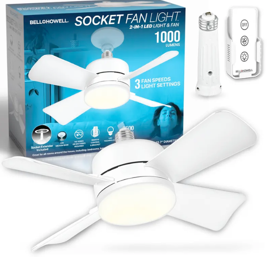 Screw-In Socket Ceiling Fan with Light | Remote Control, 1000 Lumens, 3 Speeds, No Wiring Needed