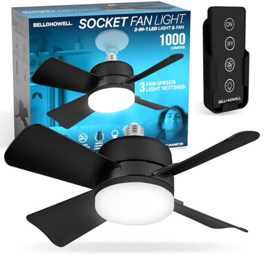Screw-In Socket Ceiling Fan with Light | Remote Control, 1000 Lumens, 3 Speeds, No Wiring Needed