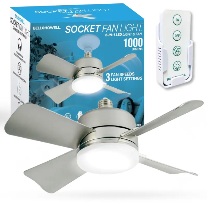Screw-In Socket Ceiling Fan with Light | Remote Control, 1000 Lumens, 3 Speeds, No Wiring Needed