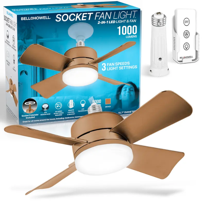 Screw-In Socket Ceiling Fan with Light | Remote Control, 1000 Lumens, 3 Speeds, No Wiring Needed