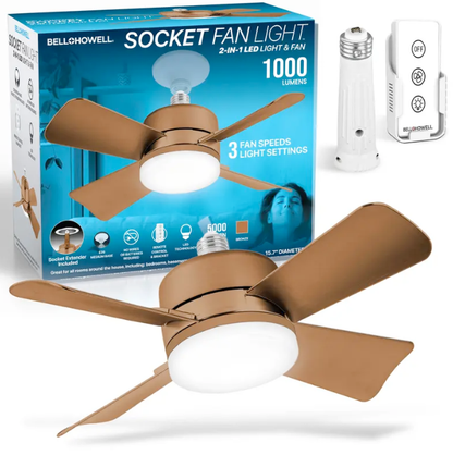 Screw-In Socket Ceiling Fan with Light | Remote Control, 1000 Lumens, 3 Speeds, No Wiring Needed