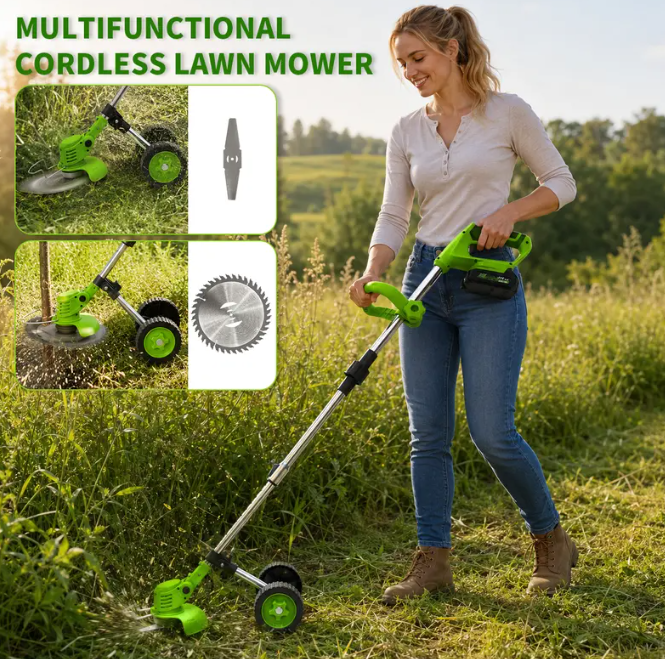 21V Cordless 3-in-1 Weed Wacker with Wheels – Lightweight Electric Lawn Trimmer