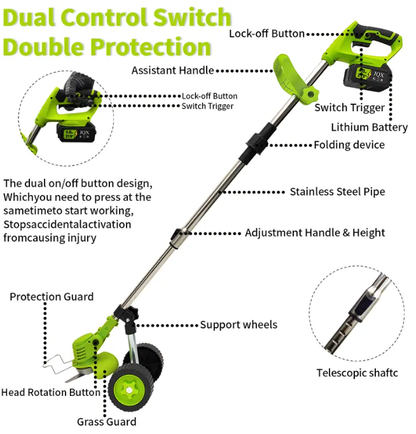21V Cordless 3-in-1 Weed Wacker with Wheels – Lightweight Electric Lawn Trimmer