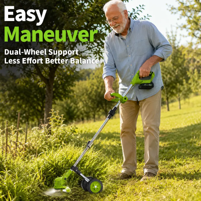 21V Cordless 3-in-1 Weed Wacker with Wheels – Lightweight Electric Lawn Trimmer